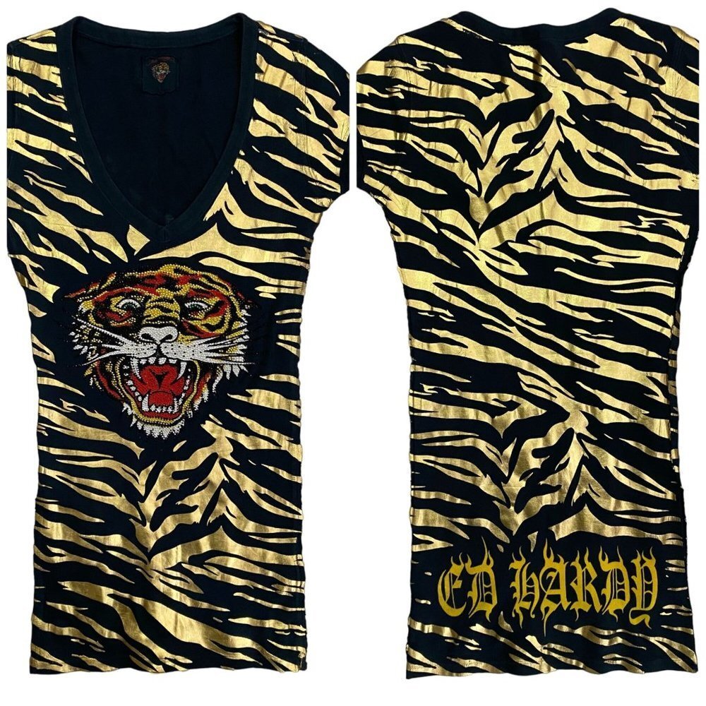 Y2K Ed Hardy by Christian Audigier Black Gold Embellish Tiger V-Neck Top SZ S/XS